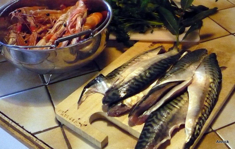 Rillettes de maquereaux, cuisson des langoustines.