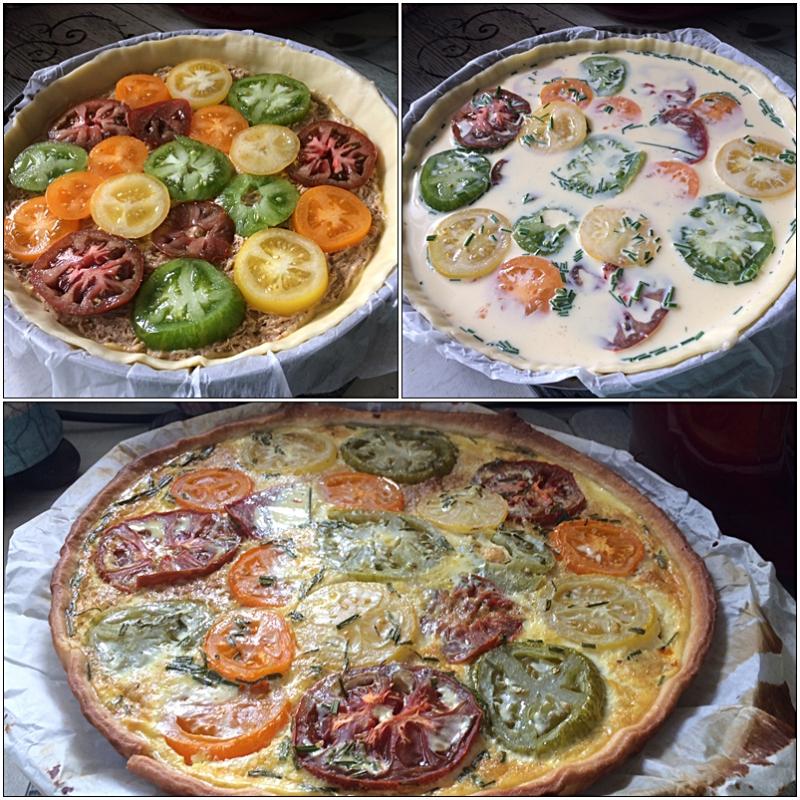 Une tarte aux rillettes de poulet et tomates colores