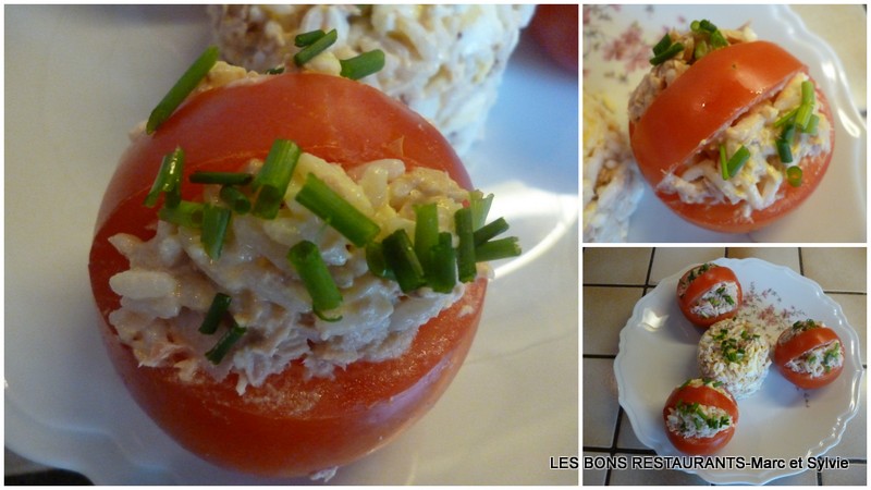 Paniers de tomates riz, thon et oeuf dur